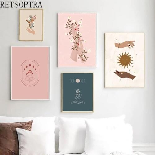 Pink Flower Drawing Woman Hand Picture Wall Poser Abstract Canvas Art Print Painting Desert Modern Poster Decorative Room Decor