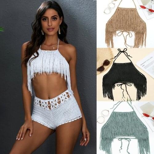 2021 new holiday beach hand hook knitted bikini tassel strap top sexy breast-wrapped swimsuit women