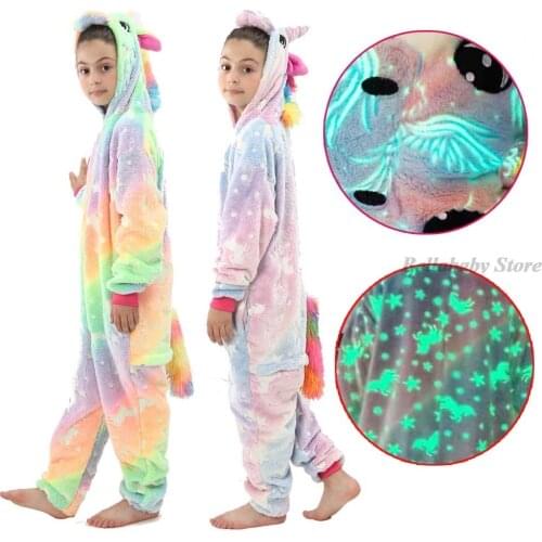 New Kigurumi Anime Onesie Unicorn Pajamas 2021 Glow In Dark Flannel Winter Pyjama Hooded Rainbow Girl Sleepwear Child Boy Pijama