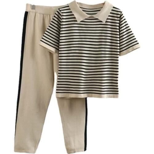Casual Knitted Womens Tracksuit Spring Autumn Short Sleeve Lapel Tops T Shirt + Elastic Waist Pencil Pants Womens Summer Suit