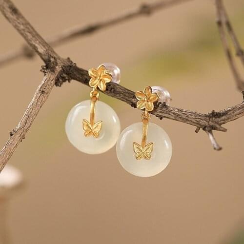 S925 Sterling Silver Safeness Ring White Jade Stud Earrings Natural Hetian Jade Elegant Butterfly Flower Stud Earrings Sweet