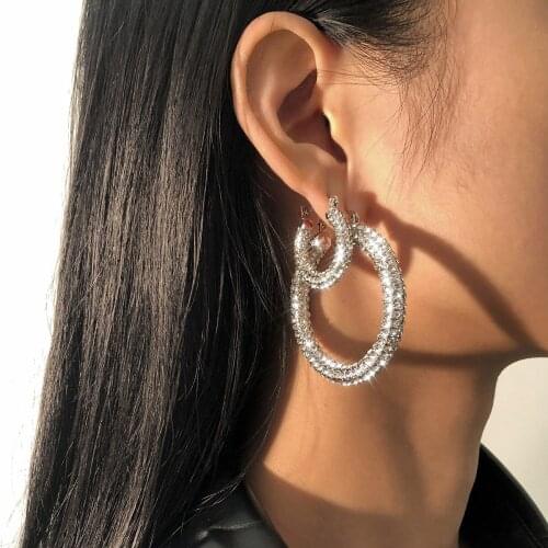 2021 Luxury Crystal Round Circle Earrings 2 Size Big Hoop Earrings Rhinestone Gold Sliver Color Circle Loop Earrings Ear Jewelry