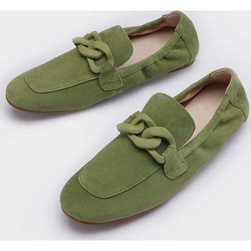 Fashion Women Spring Summer Natural Suede Shoes Woman Genuine Leather Casual Flats Ladies Square Toes Loafers Green/Beige 33-40