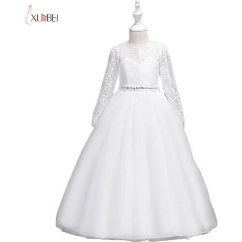 Flower Girl Dresses 2020 Long Sleeves Ball Gown Zipper Beaded Sash Floor Length Princess Gown Kids Prom Dress vestido daminha