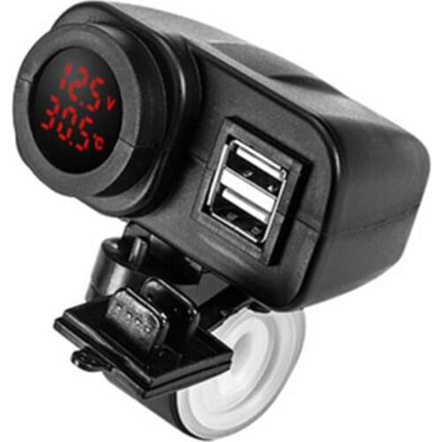 Red LED 12V Motorcycle USB Charger 2.1A+2.1A w/ Digital Voltmeter + Thermometer 12 V/24 VPower Supply Sockets/outlets