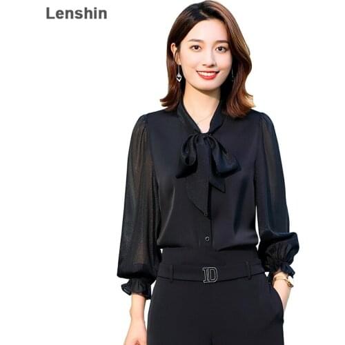 Lenshin Shiny Material shirt women High quality Office Lady Work wear Sexy Full sleeve Soft blouse OL formal Loose style tops