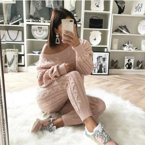 Women Casual Sweater Set Long Sleeve Off Shoulder Sweaters Crochet Knit Comfortable Pullover High Waist Leggings 2Pcs Sets