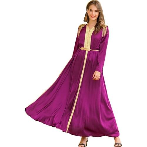 Satin Muslim fashion abayas for women Purple tassel beaded long dress robe clothing with belt abaya dubai turkey morocco MSL813