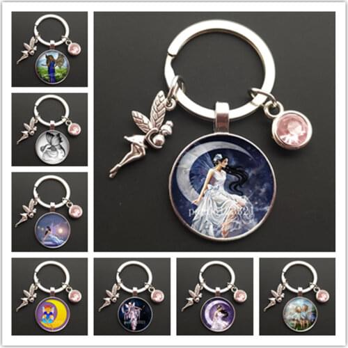 New fashion cartoon butterfly angel wings fairy keychain handmade round glass image cabochon dome key ring key ring pendant