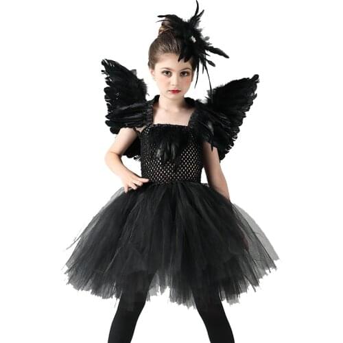 Halloween Black Swan Dress Girls Dance Performance Pettiskirt Devil Cosplay Costume for Children Carnival Party Feather Dress