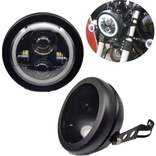 5.75 inch Black LED Motorcycle Headlight Mounting Headlight Bucket White DRL Halo for Kawasaki Cafe Racer Cruiser Honda Shadow