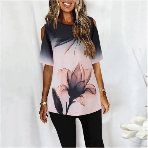 Cold Shoulder Gradient Flower Print Round Neck Womens T Shirts Short Sleeve Tee Long Sexy Tops Casual Loose Summer T Shirt 3
