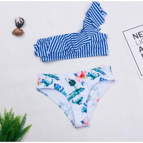 Summer Womens New Tight High Waist Printed Bikini Sexy Ruffle Steel Bracket Stripe Cute One Shoulder Suit Womens Beach Swimsuit