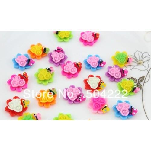 200pcs flower w/ butterflies Flat-back Resin Cabochons kawaii mix colors cabs charm pendants for diy decor kitsch flower bouquet