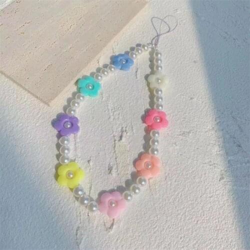 INS Fashion Multicolor Resin Flower Imitation Pearl Anti-lost Mobile Phone Chain for Women Mobile Phone Lanyard Jewelry Gifts