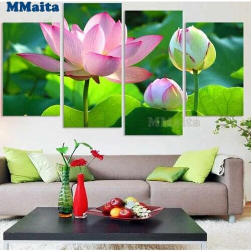 Pink lotus flowers 4 Pieces Diy Diamond Painting Full Square Round Drill Diamond Embroidery sale Needlework Home Decor GG5562