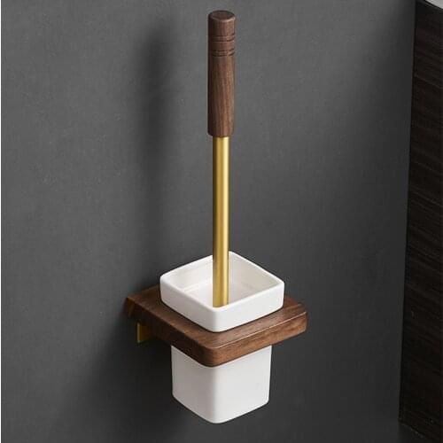 Nordic Toilet Brush Holder Durable Toilet Brush Ceramic Cup Black Walnut Bathroom Accessories Aluminum and Walnut Brush Holder