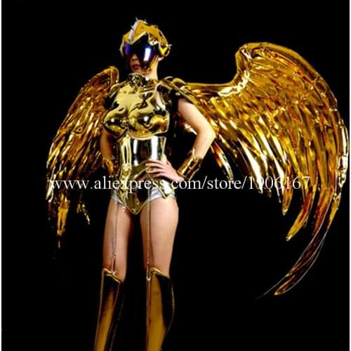 2015 New Gold Plated Catwalk Shows Costumes Wings Suit Clothing Party Singer DJ KTV Bar Performance Dance Dress Clothes