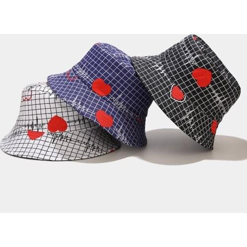 New Lattice Love Mens Bucket Hat Foldable Double-sided Fisherman Hat Womens Summer Panama Outdoor Sunscreen Protection Cap