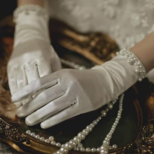 Wedding Pearl Gloves White Full Finger Gloves Elegant Short Gloves Bridal Bride Prom Opera Dinger Party Dance for Women and Girl