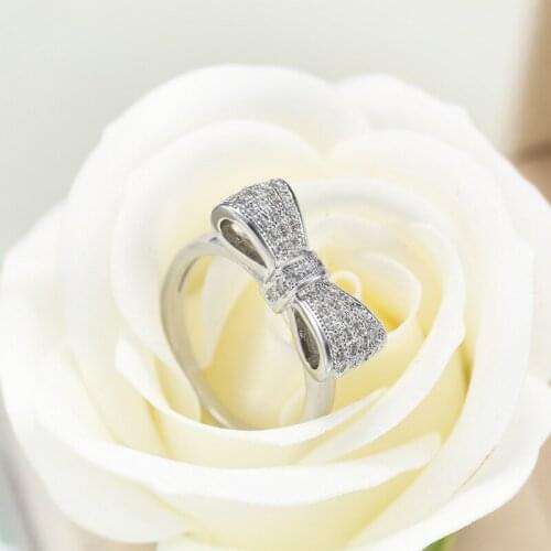 Popular Temperament Zircon Crystal Bow Banquet Ring for Women Girl Engagement Party Rings Jewelry Accessories Size 6-10