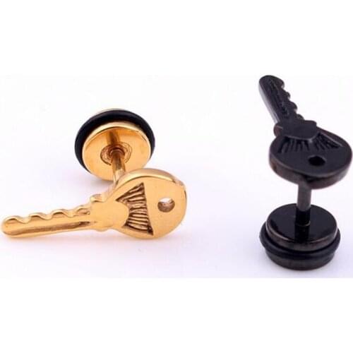 2piece 2016 New Stainless Steel Earrings Studs Punk Key Earings Barbell Men Jewelry Body Piercing Jewelry Fake Ear Plug Tunnels