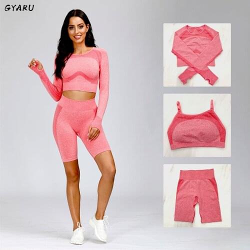 GYARU Gym Crop Top Women Sportswear Pants Sport Bra Long Sleeve Jogger Tracksuit Set Mesh Workout Clothes Fitness Yoga Leggings
