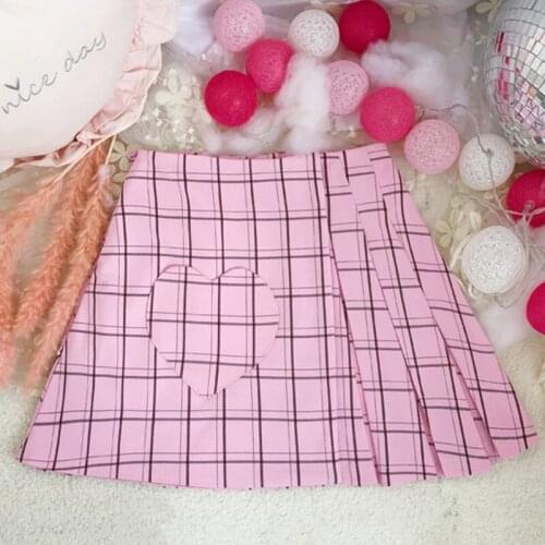 Women Summer A-line Plaid Pleated Shorts Skirts Preppy style Cute Japanese Girl Pink Kawaii Heart Pocket Adorable Sweet Bottoms