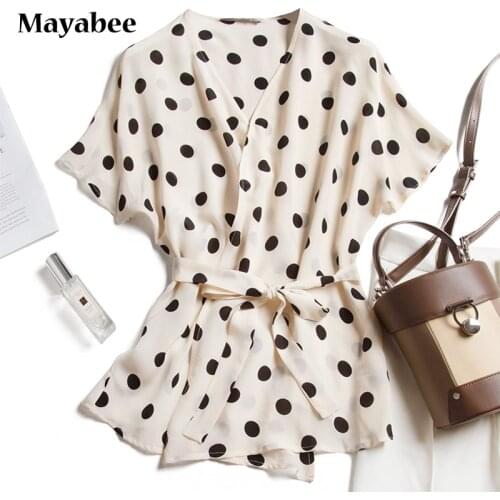 Retro Big Polka Dot Bat Sleeve Mulberry Silk V-Neck Cardigan With Belt Short-Sleeved Shirt 2021 Spring Summer New