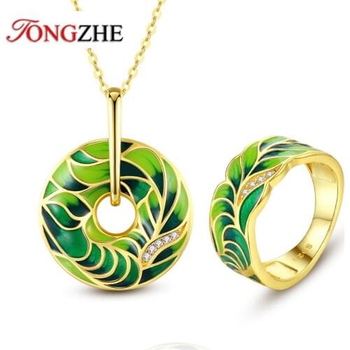 Tongzhe Handmade Enamel Ring Green Jewerly Sets Aquatic Plant 925 Sterling Silver Earrings Necklace for Women Jewelry Set