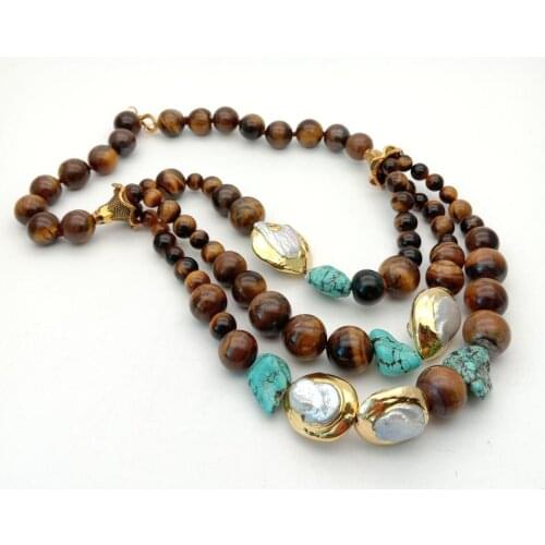 YYGEM 20'' Natural 3 Strands Yellow Tigers Eye Round White Keshi Pearl Turquoise statement Necklace for women
