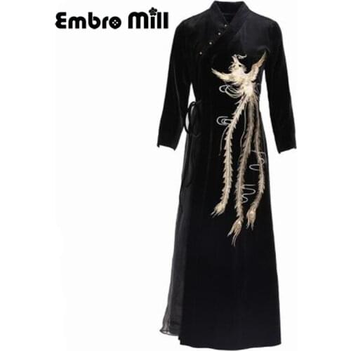 High Quality New Autumn And Winter Womens Clothing Retro V-Neck Phoenix Embroidery Chinese Style Velvet Lady Dress S-XXL