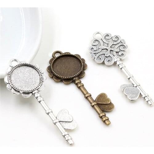 10pcs 14mm Inner Size Antique Bronze And Silver Plated Key Style Cabochon Base Cameo Setting Charms Pendant