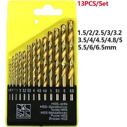 13pc 1.5-6.5mm Round Shank Twist Drill Bit Set Titanium Coated Hole Cutter High Speed Steel Gun Drill Bit Woodworking Metal Tool