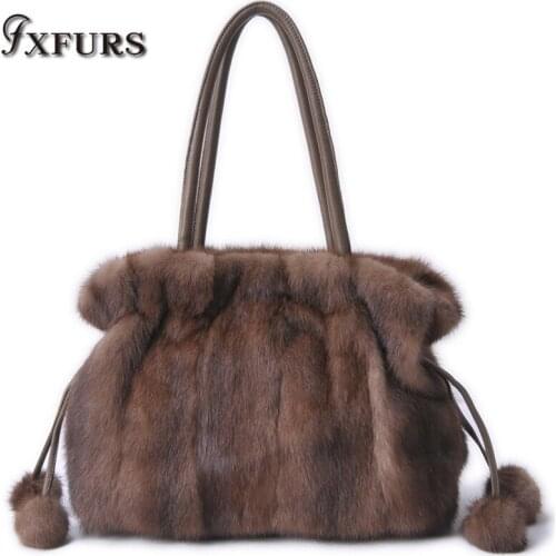 2020 Women Real Mink Fur Bag Wrist Bags Winter Fashion Fur Handbags New Genuine Luxury Single Shoulder Big Capacity Drawstring