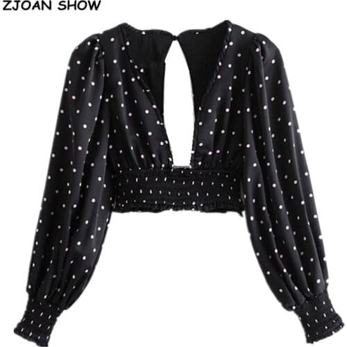 2021 Sexy Long Sleeve Polka Dot Print Pleated Ruched Cropped Shirt Black Women Deep V neck Backless Slim Short Blouse Tops