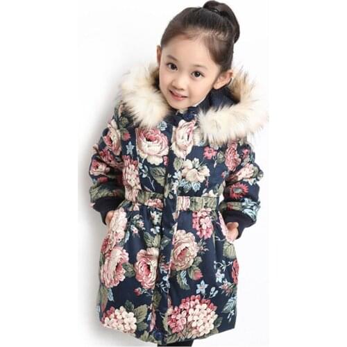 Girls Winter Coat Child Fur Collar Hooded Zipper Jacket Toddler Kids Autumn Flower Parkas Coat Clothes for Girls 2 6 10 12 Years