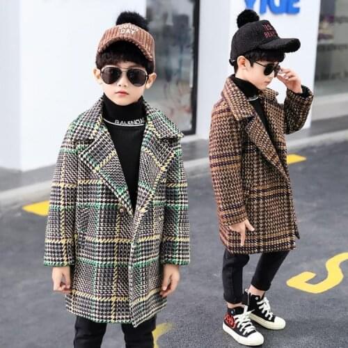 Childrens Long Woolen Trench Coat Fall Winter Boys Thickened Woollen Topcoat Clothes Outerwear Male Kids Plaid Overcoat B409