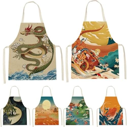 1 Piece Of Chinese Dragon Print Sleeveless Apron ChildrenS Cleaning Family Men And Women Kitchen Cooking Waist Bib Anti-Fouling