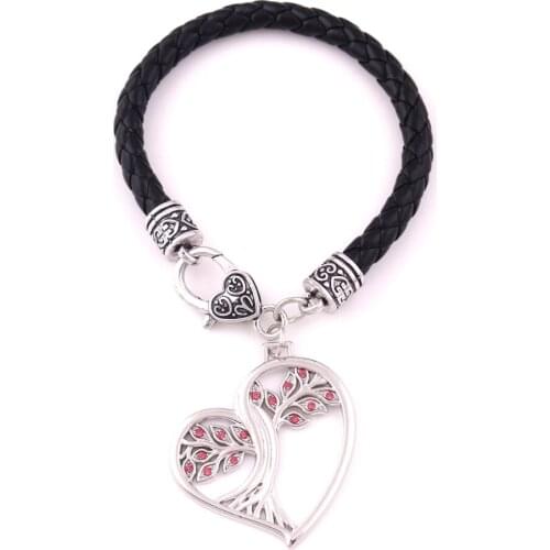 Hot Sale Solstice Tree Heart Shape Pendant Life Tree Pagan Druid Crystal Leather Bracelet