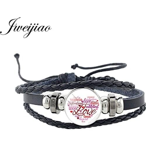 JWEIJIAO Red Pink Heart Shaped Love Picture Glass Bracelet PU Leather Metal Snap Button Bangles Wedding Engagement Jewelry HR01
