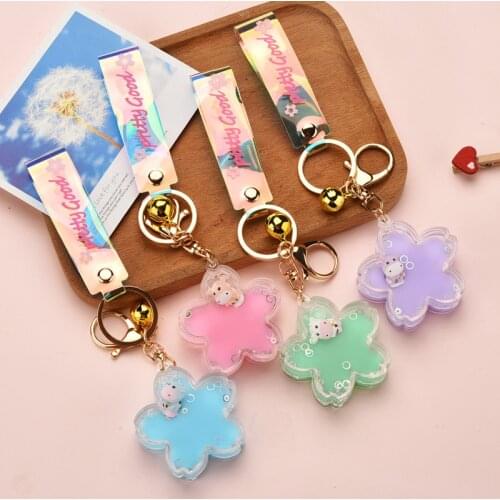 Candy Color Cow Cherry Blossom Keychain Cute Cow Flower Liquid Acrylic Key Ring Women Couple Car Bag Charm Key Holder