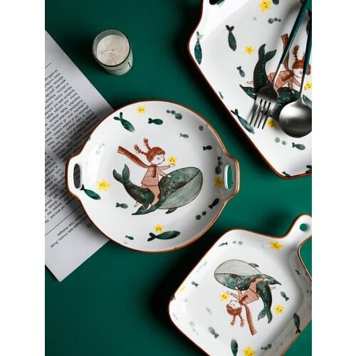 Creative Ceramic Plate Irregular Dishes Tableware Nordic Style Home Fish Dish Round Plate Baking with Handle Baking Tray