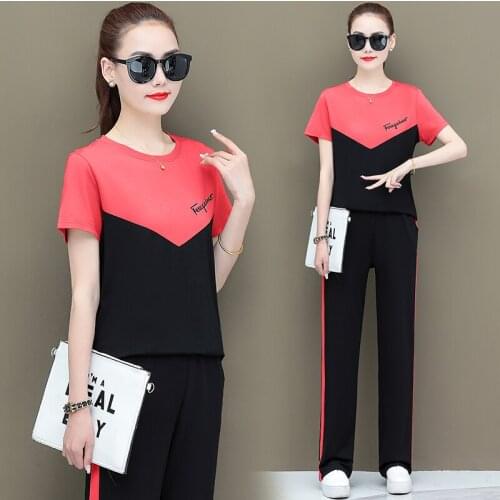 Fashion Two Piece Set Women Summer Loose Thin Color Matching Short Sleeve Loose Pants Sets Orange Purple Blue Pink Clothes