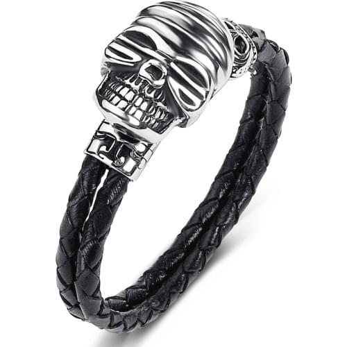 Trendy Stainless Steel Genuine Leather Skull Bracelet Men Punk Rock Jewelry Male Charm Bangle Skeleton Wristband Party Gift P534