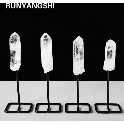 Natural Clear quartz Crystal Singel Magic wand Healing Reiki stone White Crystal Black iron Base feng shui ornaments
