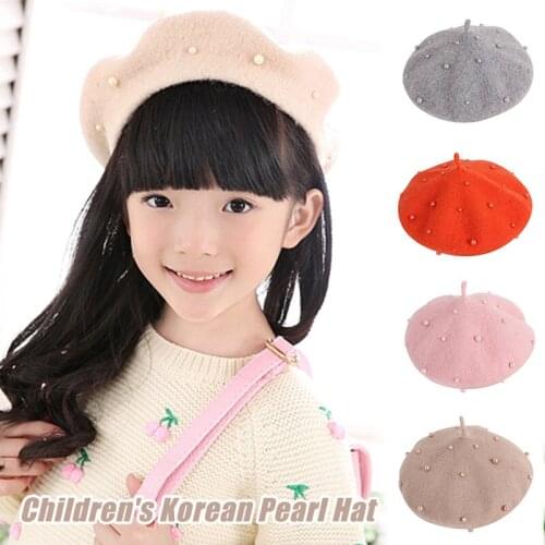 Newly Wool Beret Hat Korean Style Pearl Hats Fashion Baby Girl Solid Color Beret Caps Outdoor Winter