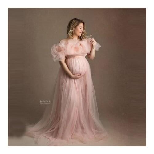 Charming Soft Tulle Photo Shoot Maternity Dresses Short Sleeves A Line With Train Ruffles Puffy Bridal Pregnancy Gowns