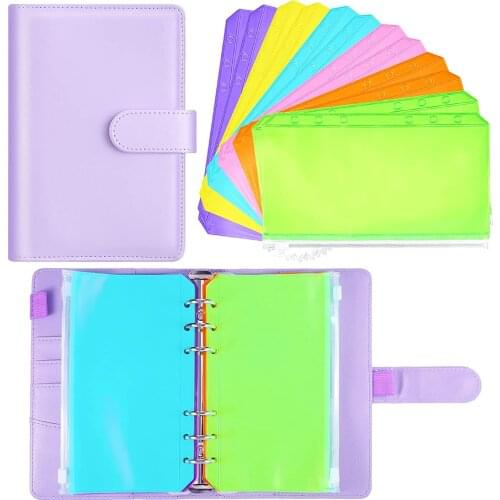 A6 PU Leather Notebook Binder Cover Purple Refillable Planner Journal Binder with 12 Piece Waterproof Binder Cash Envelopes Bags