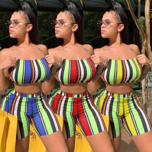 Sexy Tube Top Two-Piece Suit 2021 New Plus Size Womens Short Top And Shorts With Striped Printing Fashion Casual Shorts Suit